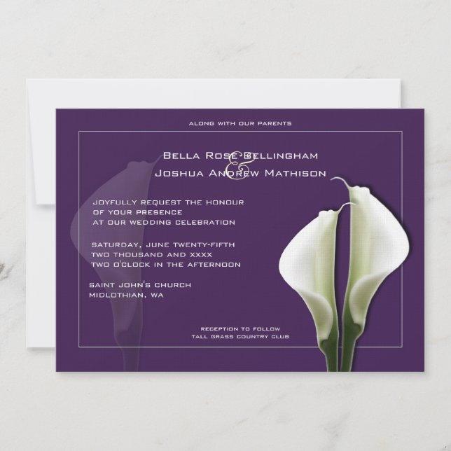 Calla Lilies Wedding Invitation on Purple (Front)
