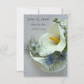 Calla lilies with blue nigella   save the date
