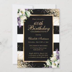 Calla Lily Black Gold Confetti 60th Birthday Invitation