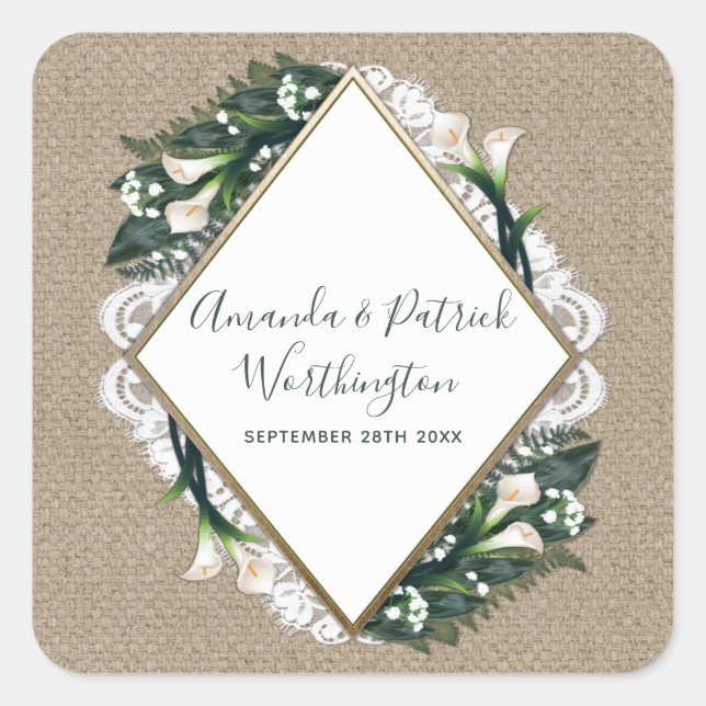 Calla Lily Burlap and Lace Wedding Favour Stickers (Front)