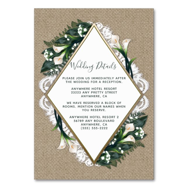 Calla Lily Burlap and Lace Wedding Insert Cards (Front)