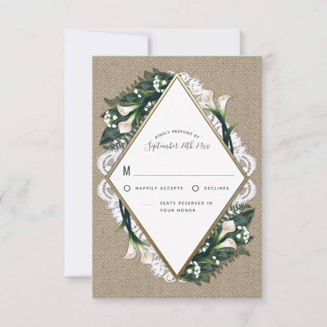 Calla Lily Burlap and Lace Wedding RSVP Cards (Front)