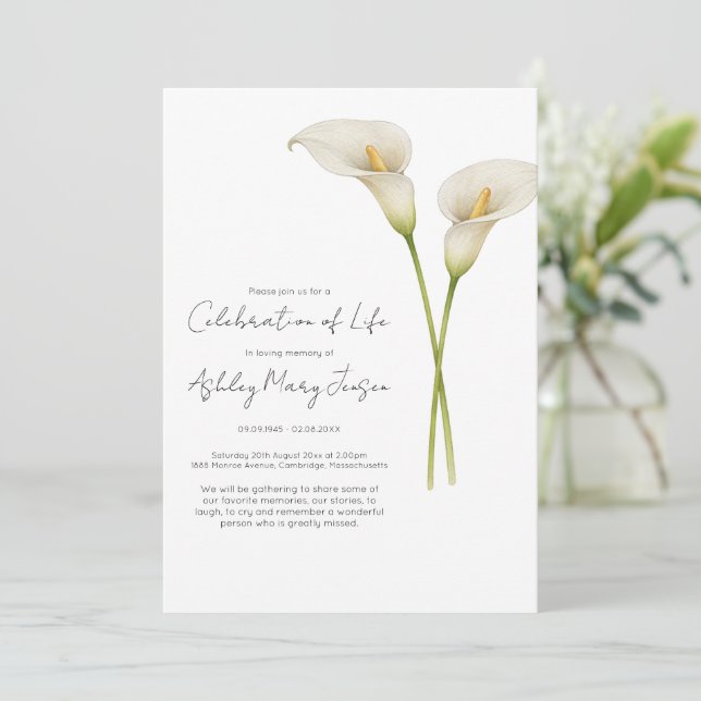 Calla Lily Celebration of Life Funeral Invitation (Standing Front)