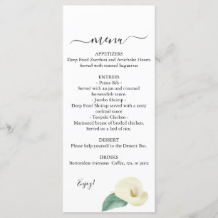 Calla Lily Greenery Wedding Menu