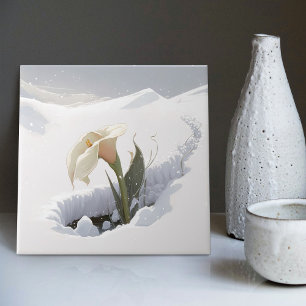 Calla Lily in the Mountain Breaking Through Snow Ceramic Tile