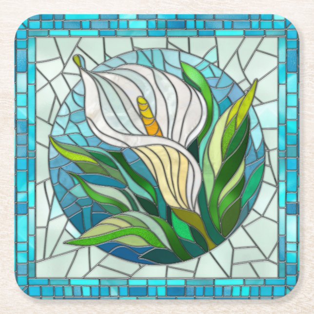 Calla Lily Mosaic Art Square Paper Coaster (Front)