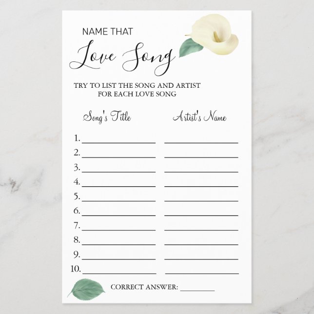 Calla Lily Name that love song shower game card (Front)