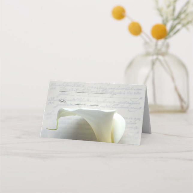 Calla lily on old hand script place card (Front)
