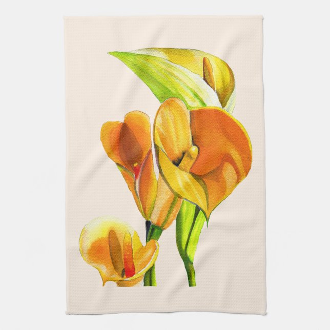 Calla lily orange floal watercolor  tea towel (Vertical)