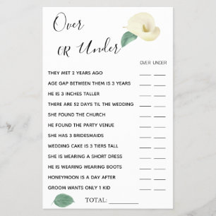 Calla Lily Over or Under Bridal shower game card