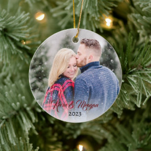 Calligraph Script Family Name Double Sided Photo Ceramic Ornament