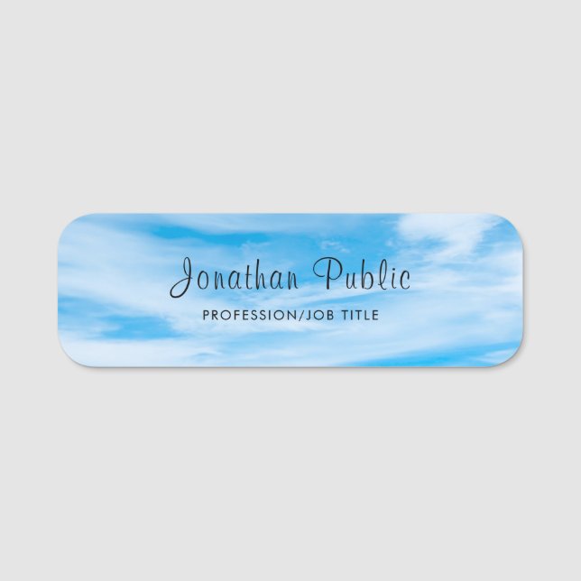 Calligraphed Script Name Blue Sky Clouds Template Name Tag (Front)