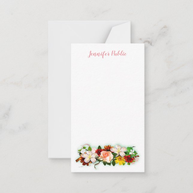 Calligraphed Script Text Watercolor Flowers Floral Card (Front)