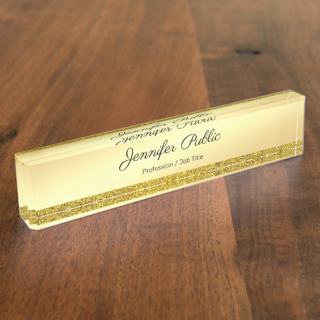 Calligraphed Text Name Elegant Gold Glitter Modern Nameplate (Side)
