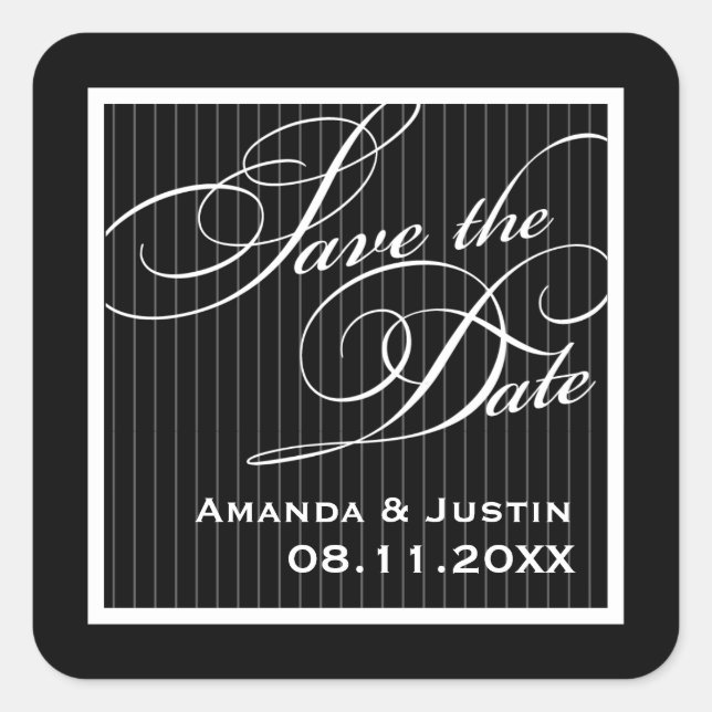 Calligraphic Black Pinstripe Save the Date Square Sticker (Front)