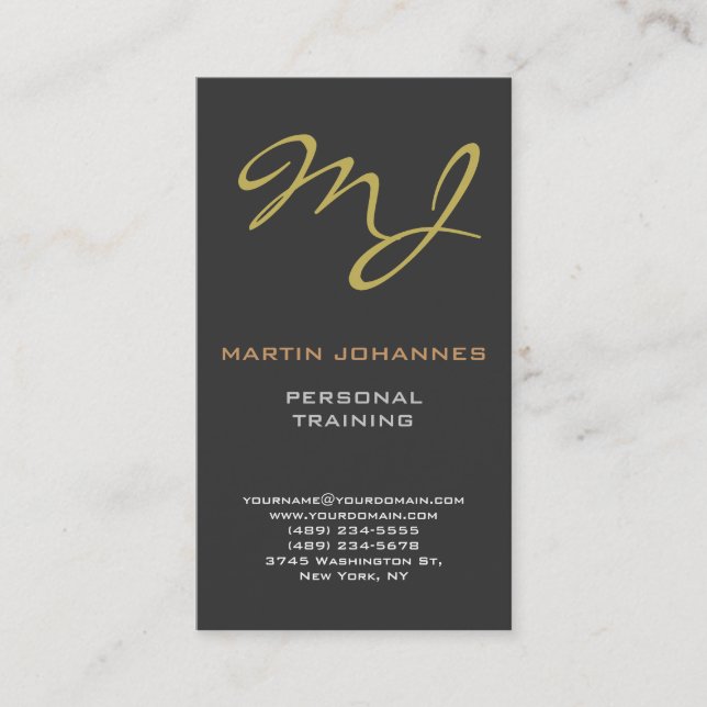 Calligraphic Monogram Gold Grey Business Card (Front)