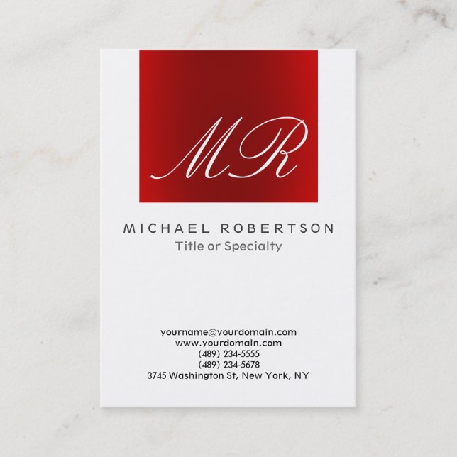 Calligraphic Monogram White Red Business Card (Front)