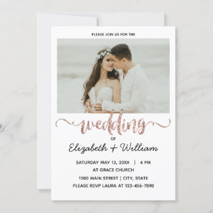 Calligraphic Rose Gold Glitter Wedding Photo Invitation