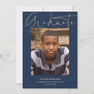 Calligraphy 1-Photo Blue & Gold Graduation Party Invitation