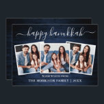 Calligraphy 3 Photo Blue Wood Happy Hanukkah Holiday Card<br><div class="desc">Modern Trendy Calligraphy Script 3 Photo Family Photo Collage Happy Hanukkah Card - Rustic Country Blue Wood</div>