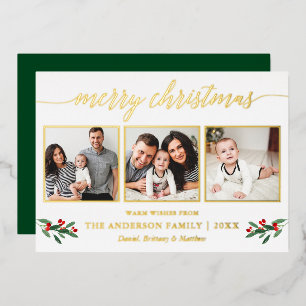 Calligraphy 3 Photo Christmas Holly Green Gold Foil Holiday Card