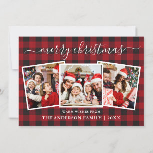 Calligraphy 3 Photo Christmas Red Buffalo Plaid Holiday Card