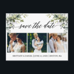 Calligraphy 3 Photo Greenery Save The Date Postcard<br><div class="desc">Modern Calligraphy Script Elegant Watercolor Greenery 3 Photo Save The Date Wedding Engagement Announcement Postcard includes eucalyptus leaves,  green botanical foliage,  dusty blue leaves and other beautiful botanical greenery.</div>