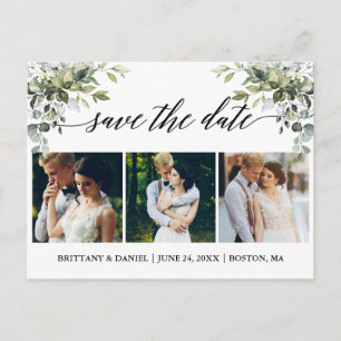 Calligraphy 3 Photo Greenery Save The Date Postcard