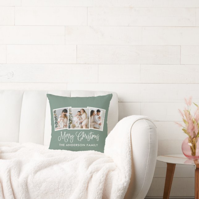 Calligraphy 3 Photo Merry Christmas Sage Green Cushion (Couch)