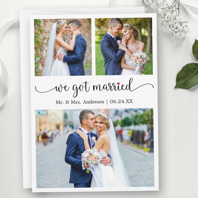 Calligraphy 3 Photo Red Heart We Got Married Announcement (Customize to change your personalized text size, text style or to add text to back of card.)