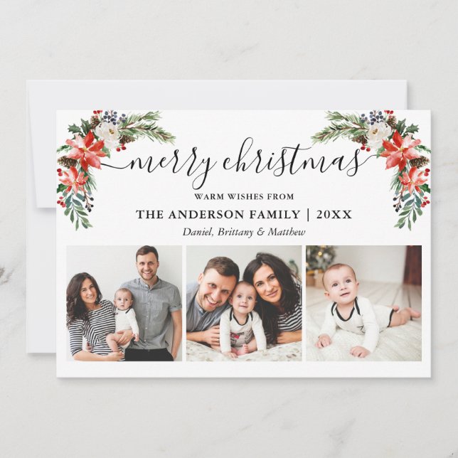 Calligraphy 3 Photo Watercolor Winter Floral Holiday Card (Front)