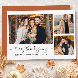 Calligraphy 3 Photos Thanksgiving Terracotta Holiday Card