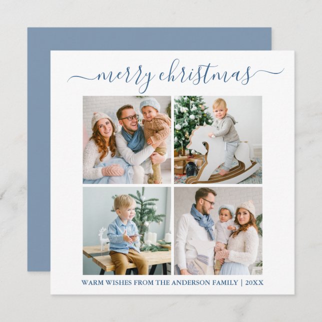 Calligraphy 4 Photo Christmas Dusty Blue Square Holiday Card (Front/Back)
