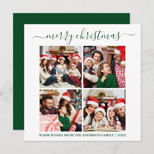Calligraphy 4 Photo Christmas Green Square Holiday Card (Front/Back)
