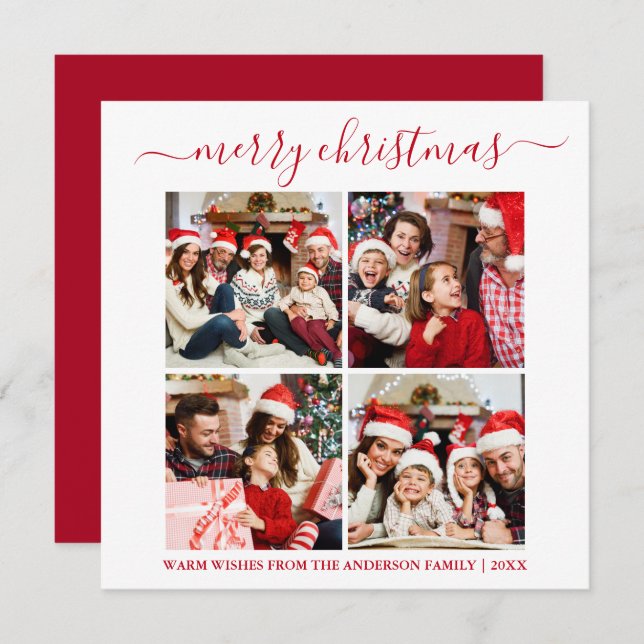 Calligraphy 4 Photo Christmas Square Red Holiday Card (Front/Back)
