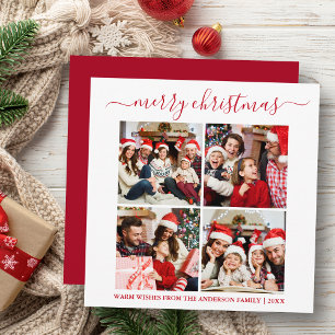 Calligraphy 4 Photo Christmas Square Red Holiday Card