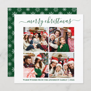 Calligraphy 4 Photo Snowflakes Green Square Holiday Card