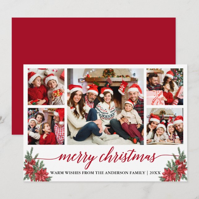 Calligraphy 5 Photo Christmas Poinsettia Pines Holiday Card (Front/Back)