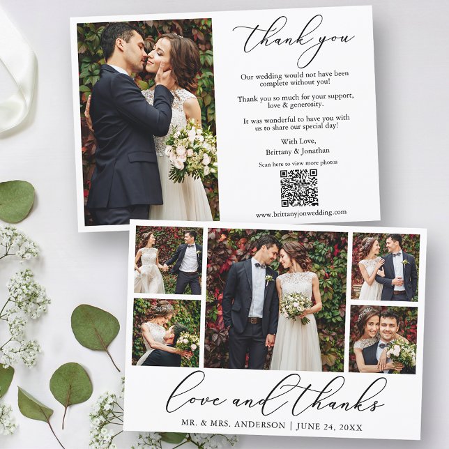 Calligraphy 6 Photo Love Thanks QR Code Wedding Thank You Card (Customize to change your personalized text style, size or color.)