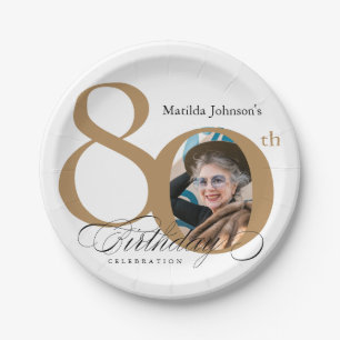 Calligraphy 80th Birthday Elegant Gold White Photo Paper Plate