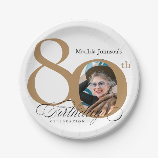 Calligraphy 80th Birthday Elegant Gold White Photo Paper Plate (Front)
