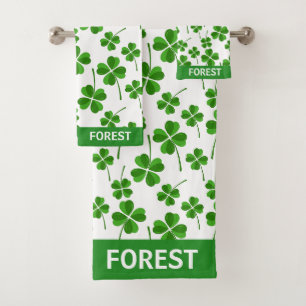 Calligraphy and Modern Lucky Green Clover Leaves Bath Towel Set