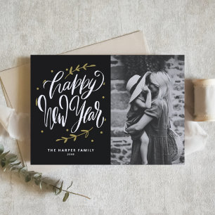 Calligraphy and Wreath New Year Photo Black Holiday Card
