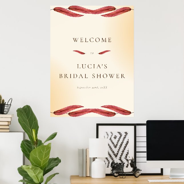 Calligraphy Autumn Leaf Bridal Shower Welcome Poster (Home Office)