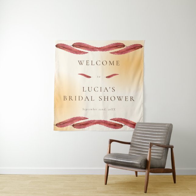 Calligraphy Autumn Leaf Bridal Shower Welcome Tapestry (In Situ)