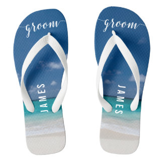 Calligraphy Beach Groom Wedding Party Flip Flops