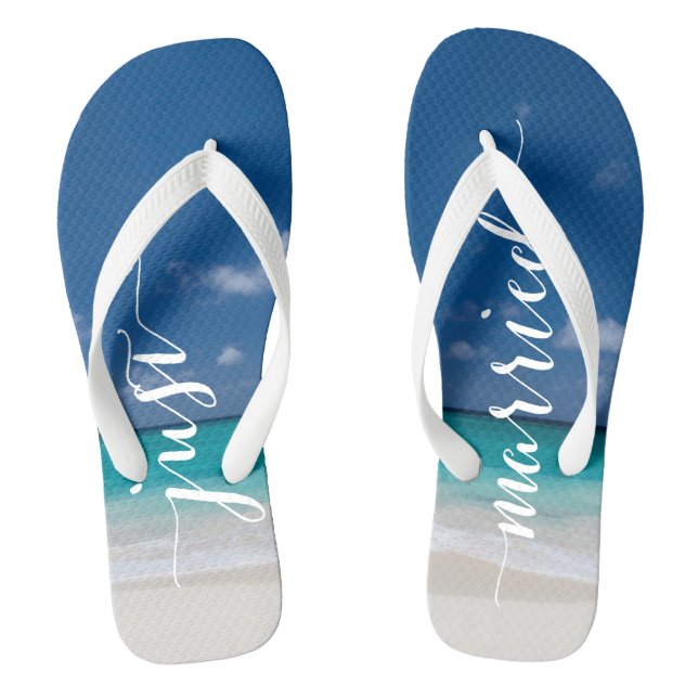 Calligraphy Beach Just Married Wedding Flip Flops (Footbed)