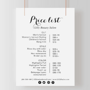 Calligraphy Beauty Salon Price List