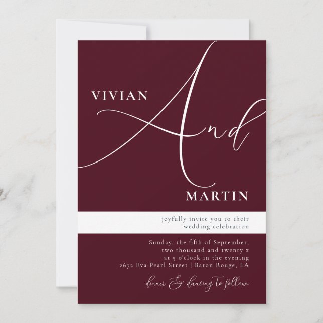 Calligraphy Big Bold "And" Burgundy Wedding Invitation (Front)