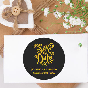 Calligraphy Black Gold Save the Date Wedding Classic Round Sticker